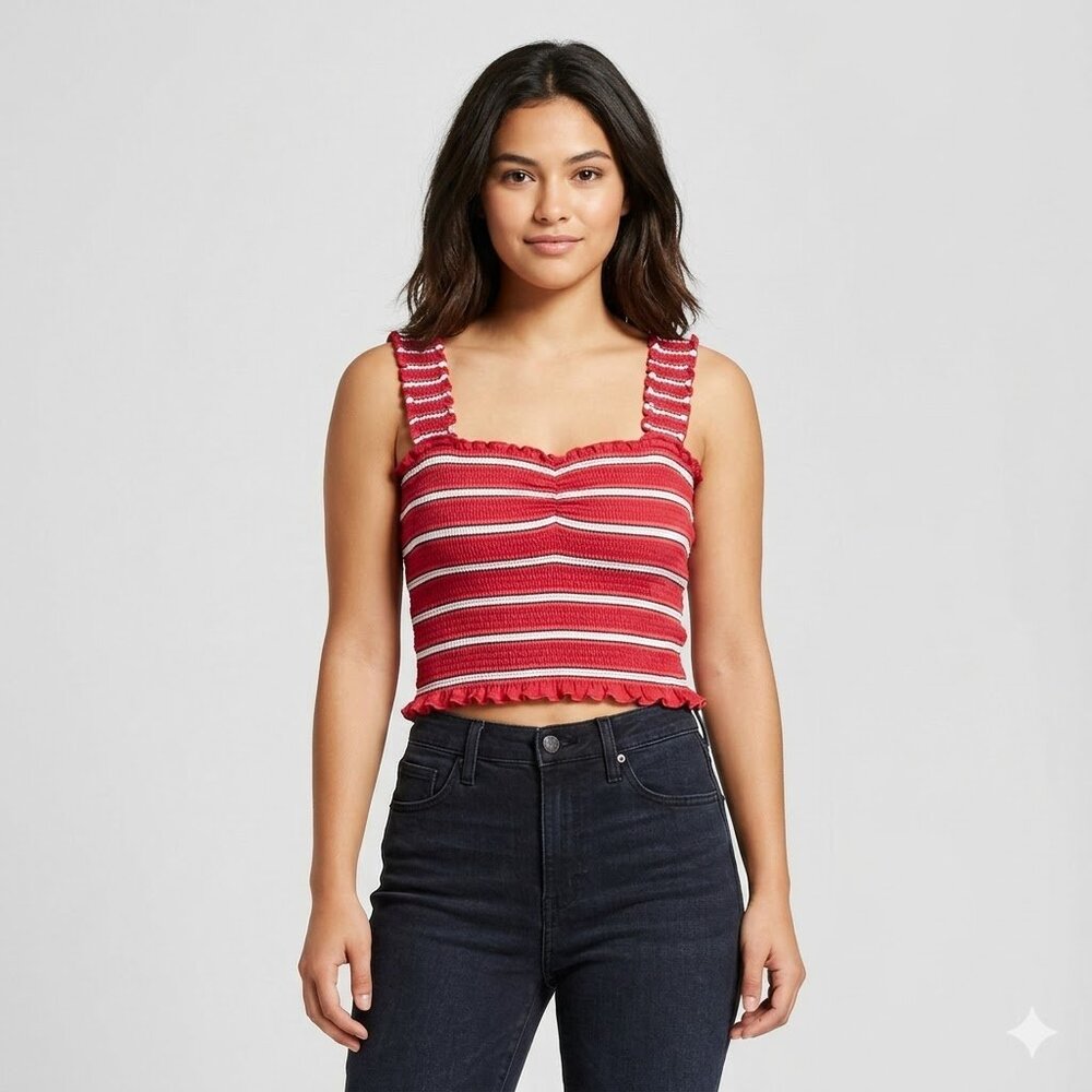 Billabong Red and White Striped Knit Crop Top Size L
